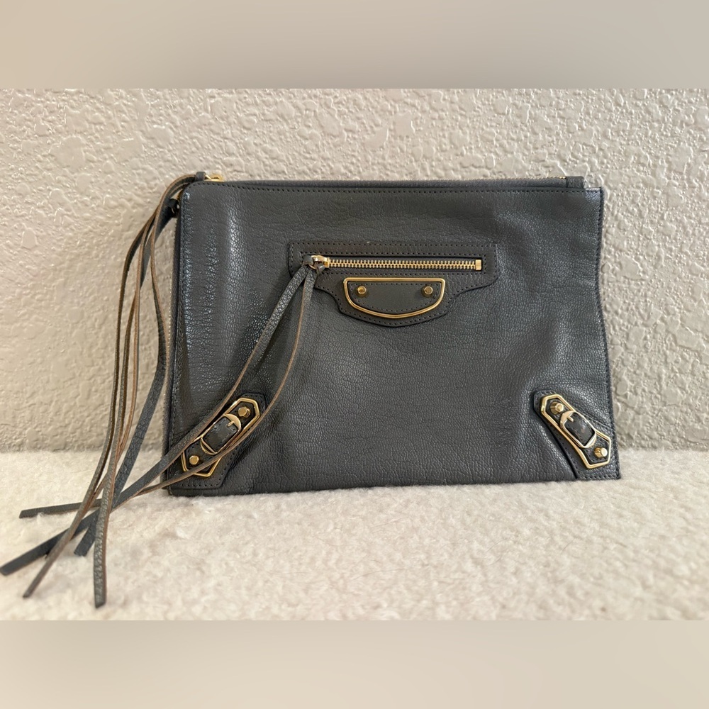 Balenciaga City Metallic Edge Grey Leather Clutch with Gold Hardware